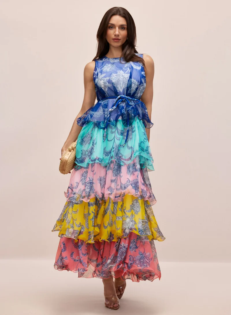 Sunfere Cynthia Printed Tiered Ruffle Maxi Dress