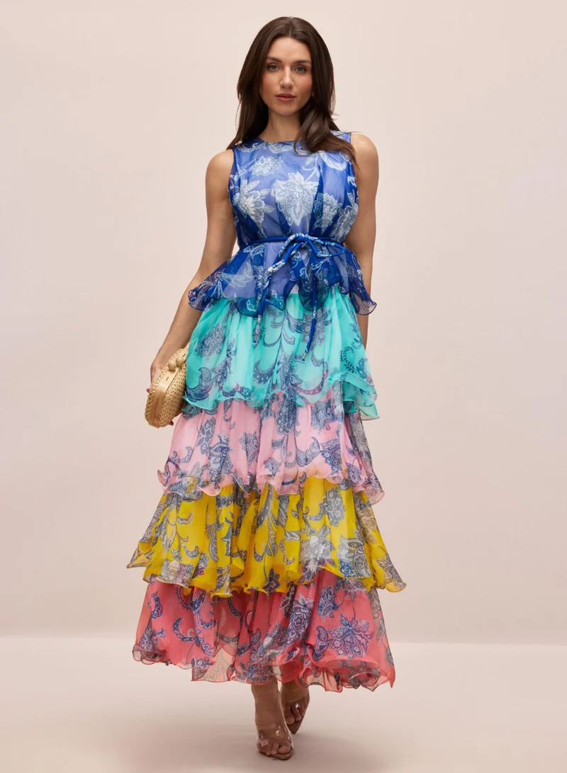 Sunfere Cynthia Printed Tiered Ruffle Maxi Dress