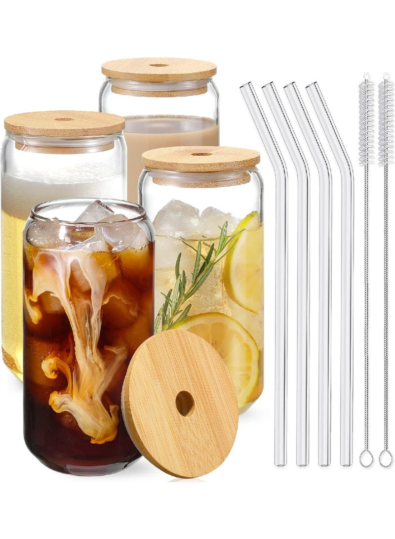 أكواب شرب بغطاء من الخيزران وقش زجاجي، طقم من 4 قطع، 16 أونصة  - Image 1