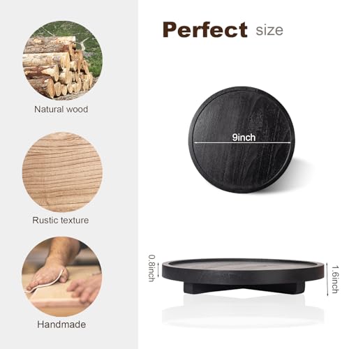 zoocatia Round Decorative Tray Wood Bathroom Counter Organizer Farmhouse Kitchen Decor Wooden Riser for Soap Dish, Perfume, Candle, Sponge, 9" - Black - Image 2