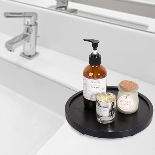zoocatia Round Decorative Tray Wood Bathroom Counter Organizer Farmhouse Kitchen Decor Wooden Riser for Soap Dish, Perfume, Candle, Sponge, 9" - Black - Image 5