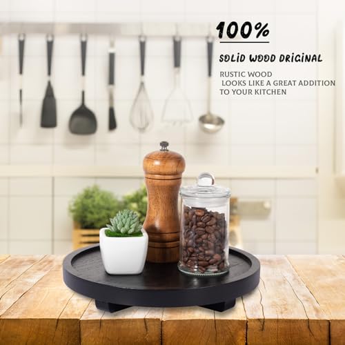 zoocatia Round Decorative Tray Wood Bathroom Counter Organizer Farmhouse Kitchen Decor Wooden Riser for Soap Dish, Perfume, Candle, Sponge, 9" - Black - Image 3