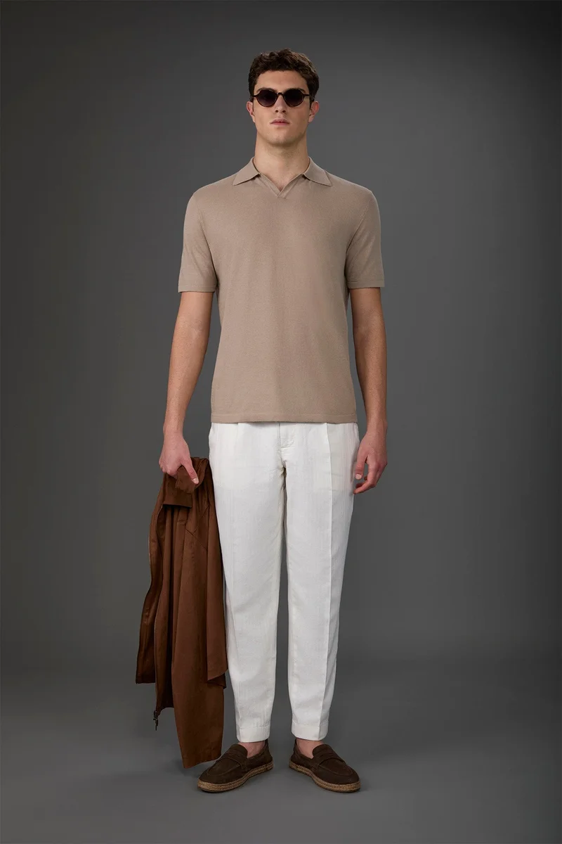 Doppelganger Beige Men's 100% cotton crepe short-sleeved knitted polo shirt with derby collar - Sand for Men | Best Price UAE