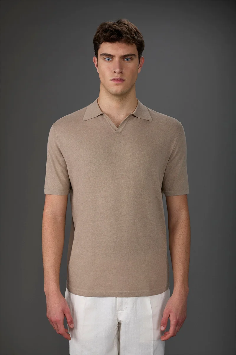 Men's 100% cotton crepe short-sleeved knitted polo shirt with derby collar - Sand