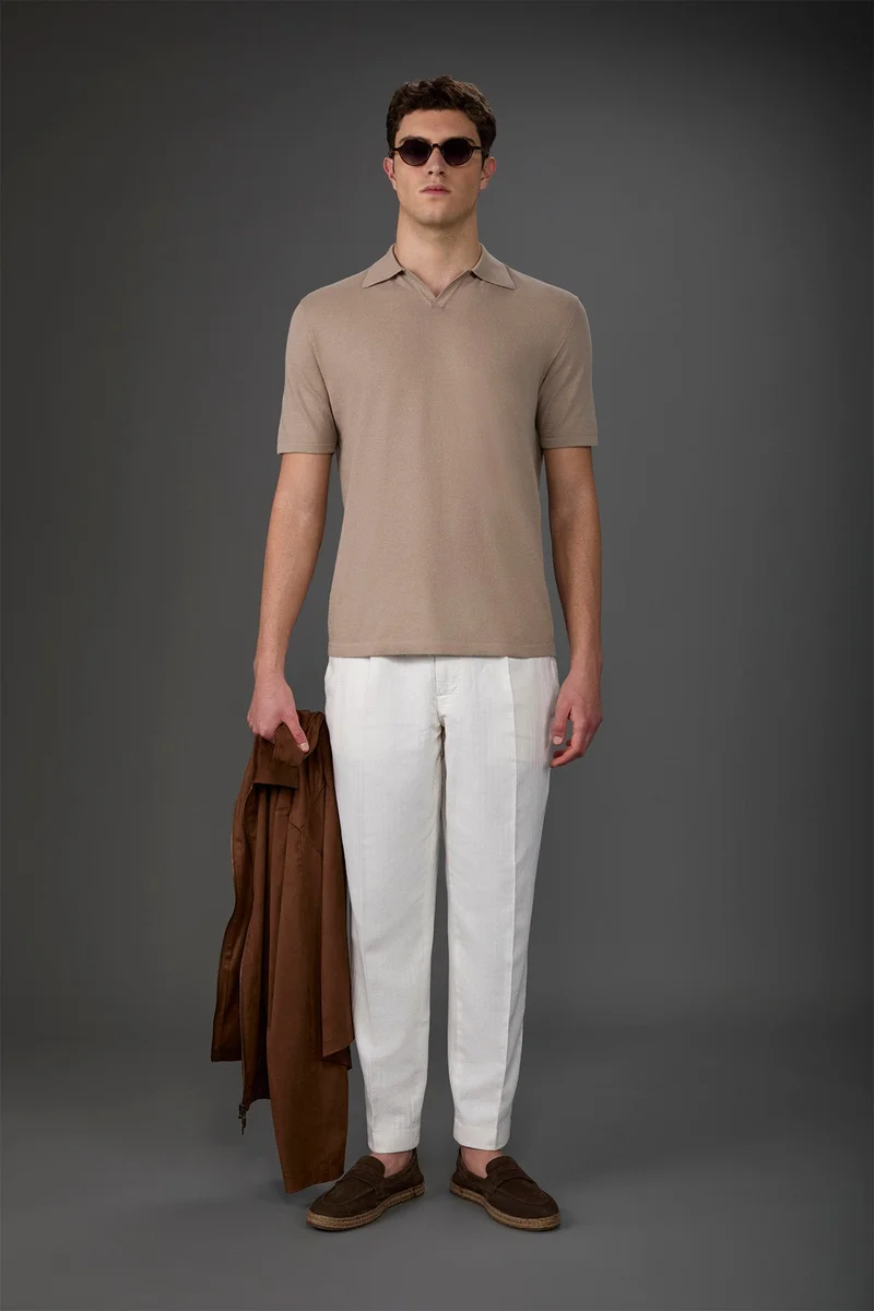 Doppelganger Men's 100% cotton crepe short-sleeved knitted polo shirt with derby collar - Sand
