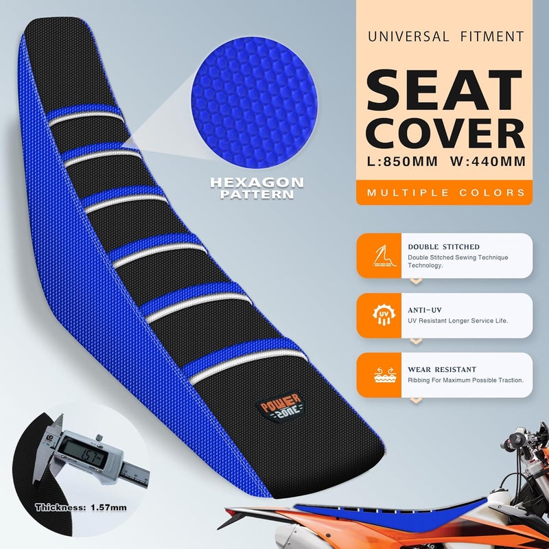 MCHMFG Universal Ribbed Dirt Bike Seat Cover - Gripper Striped Supermoto (Blue-Black-White) - Image 2