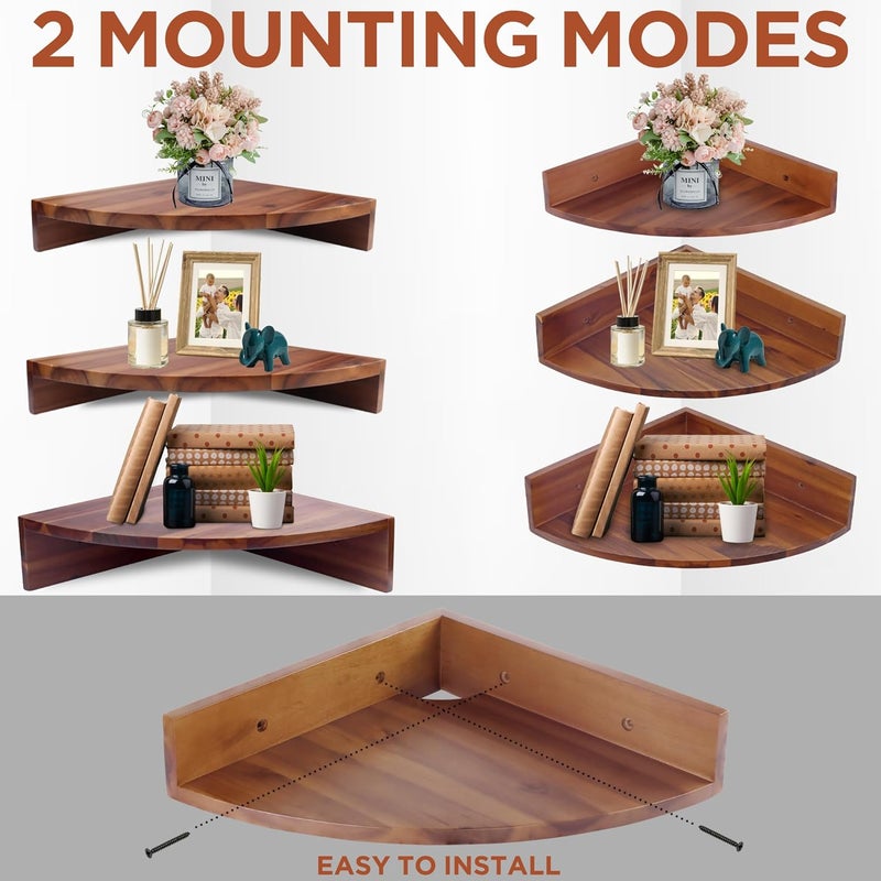 DEMIGO Corner Shelf Wall Mount Set of 3, Solid Acacia Wood Round Floating Corner Shelves for Storage and Display, Hanging Wood Shelves for Bedroom, Kitchen, Living Room, Bathroom (Brown) - Image 5