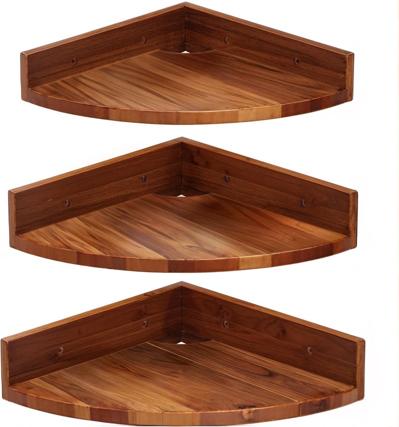 DEMIGO Corner Shelf Wall Mount Set of 3, Solid Acacia Wood Round Floating Corner Shelves for Storage and Display, Hanging Wood Shelves for Bedroom, Kitchen, Living Room, Bathroom (Brown) - Image 1