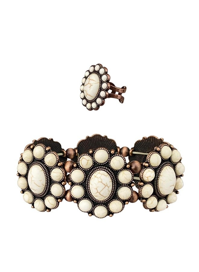 TOPACC White Turquoise Bracelets with Ring Western Cowgirl Stretch Bracelet for Women Boho Jewelry Set for Western Outfit - Image 1