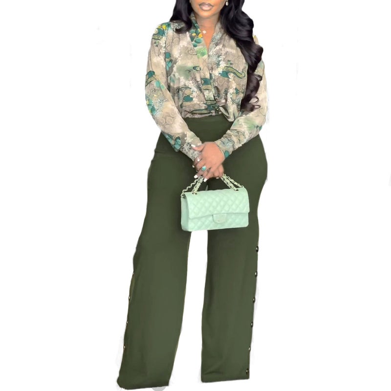 S10903 European and American printed V-neck shirt wide leg pants two-piece set Green
