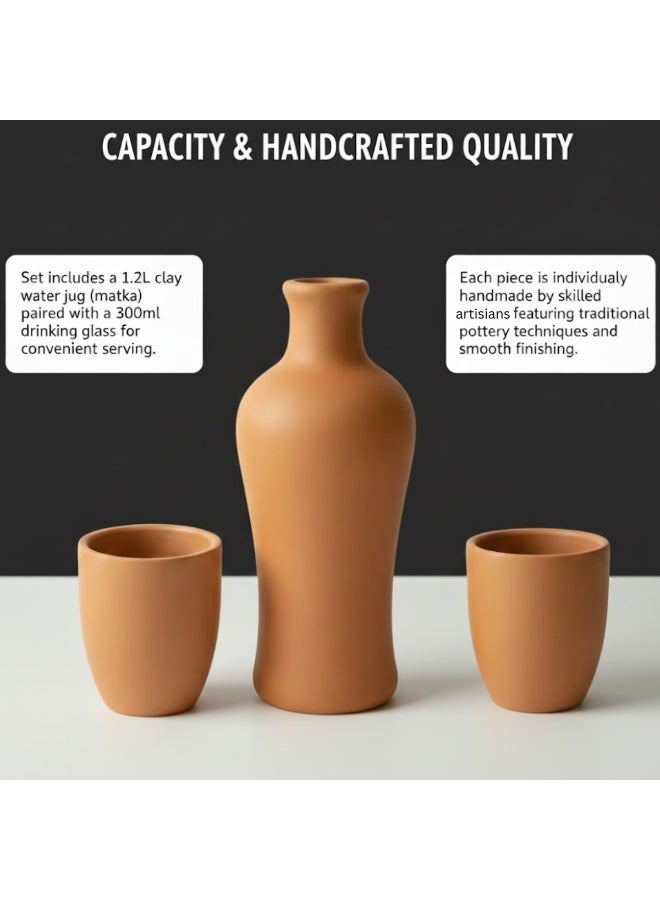 طقم زجاجة ماء تقليدية مصنوعة يدويًا من الفخار مع كوب، يتضمن إبريق ماتكا بسعة 1.2 لتر وكوب بسعة 300 مل (عبوة من 1)، مصنوع من الفخار الطبيعي لحفظ الماء البارد - Image 3