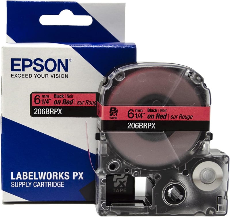 LABELWORKS Epson 206BRPX Genuine PET (Polyester) Tape Cartridge - Black on Red Label Maker Tape - 1/4" (6MM) Wide, 30' - Image 1