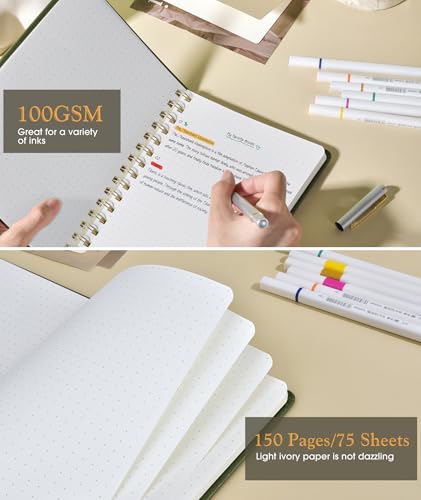 PAPEJOON Dotted Spiral Journal Notebook, A5 Hardcover Spiral Journals for Women Men, 100 GSM Dot Grid Paper Notebooks, 150 Pages Spiral Bullet Dotted Notebook for Writing Note Taking 5.75" x 8.38" Olive Green - Image 4