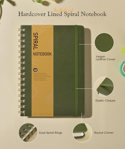 PAPEJOON Dotted Spiral Journal Notebook, A5 Hardcover Spiral Journals for Women Men, 100 GSM Dot Grid Paper Notebooks, 150 Pages Spiral Bullet Dotted Notebook for Writing Note Taking 5.75" x 8.38" Olive Green - Image 2