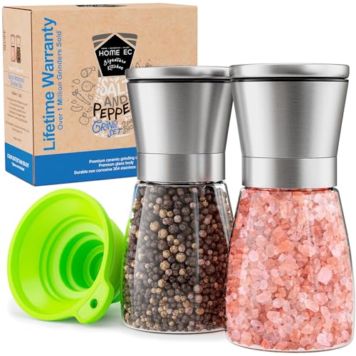 Home EC Original Stainless Steel Sea Salt and Pepper Grinder Set of 2 - Adjustable Ceramic - Glass Salt and Pepper Shakers - Kitchen Pepper Mill & Salt Mill W/Funnel & EBook - Image 1