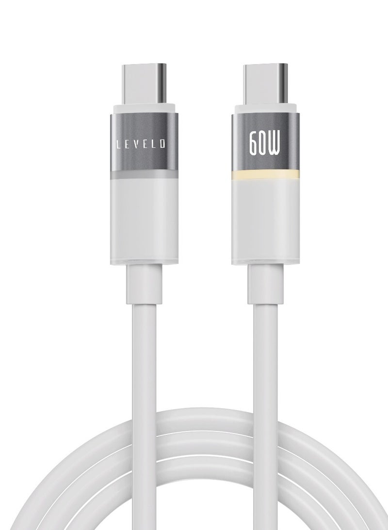 LEVELO Cable 1m PD 60W Luno Type-C to Type-C / LED Indicator / Tangle Free / Data Transfer Rate 480Mbps - Lunar White - Image 1