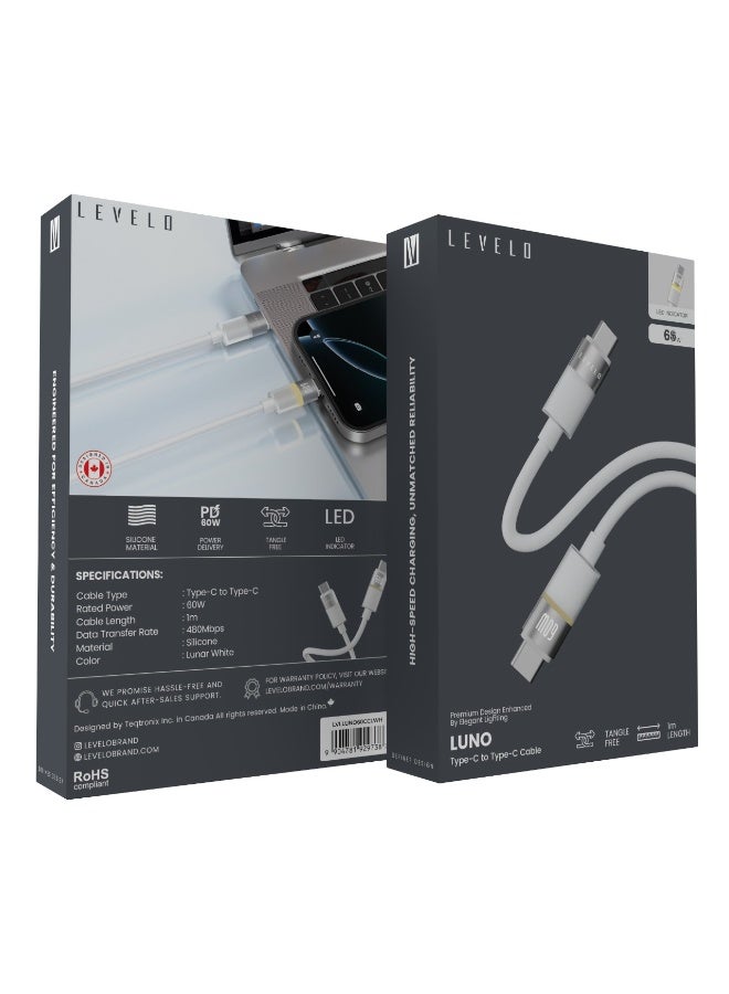 LEVELO Cable 1m PD 60W Luno Type-C to Type-C / LED Indicator / Tangle Free / Data Transfer Rate 480Mbps - Lunar White - Image 5