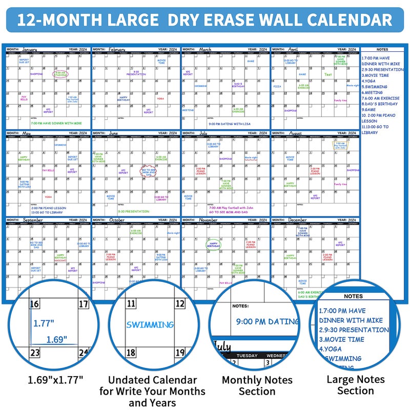 Lemome Large Dry Erase Calendar - Undated Wall Calendar Dry Erase, 58" x 37", 12-Month Dry Erase Calendar with 10 Round Stickers - Image 3
