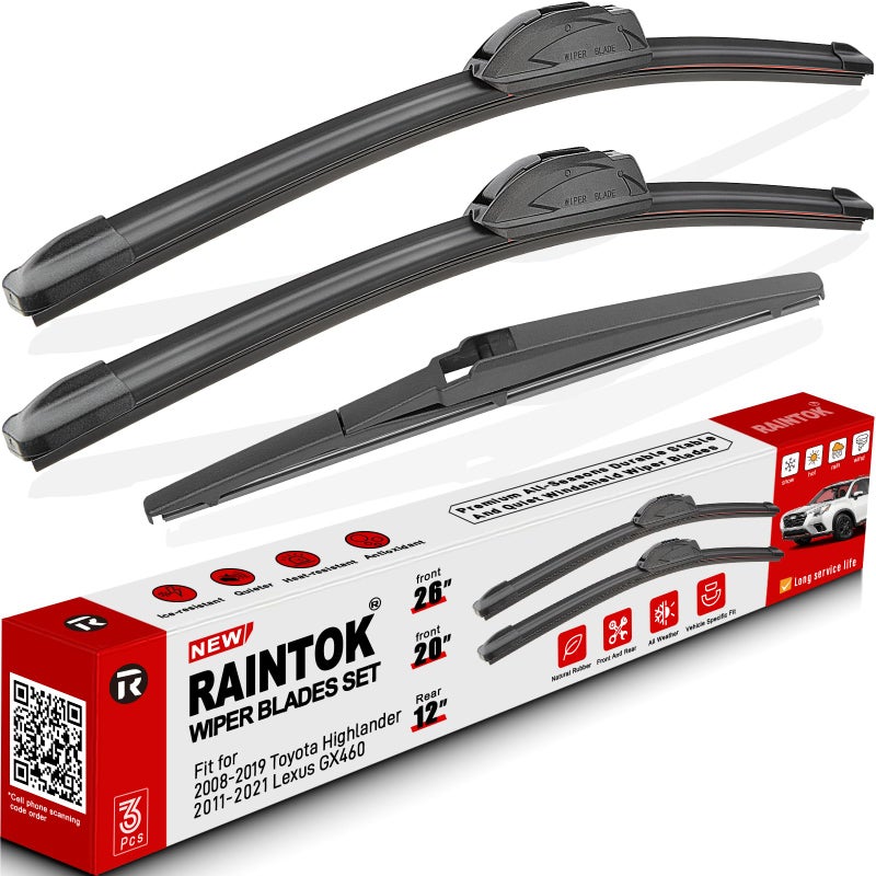 RAINTOK Windshield Wiper Blade Set Replacement for Toyota Highlander 2008-2019 Original Equipment Replacement Front Rear Wiper Blades-26"/20"/12" (Set of 3) U/J HOOK - Image 1