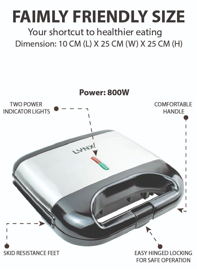 lynx Lynx Sandwich Maker with Non-Stick Surface, 800W, Thermostatic Control, Two Indicator Lights, Compact Design, Ideal for Grilled Sandwiches, Desserts, Easy to Clean, Black/Silver - LY_SM_4020  - Image 2