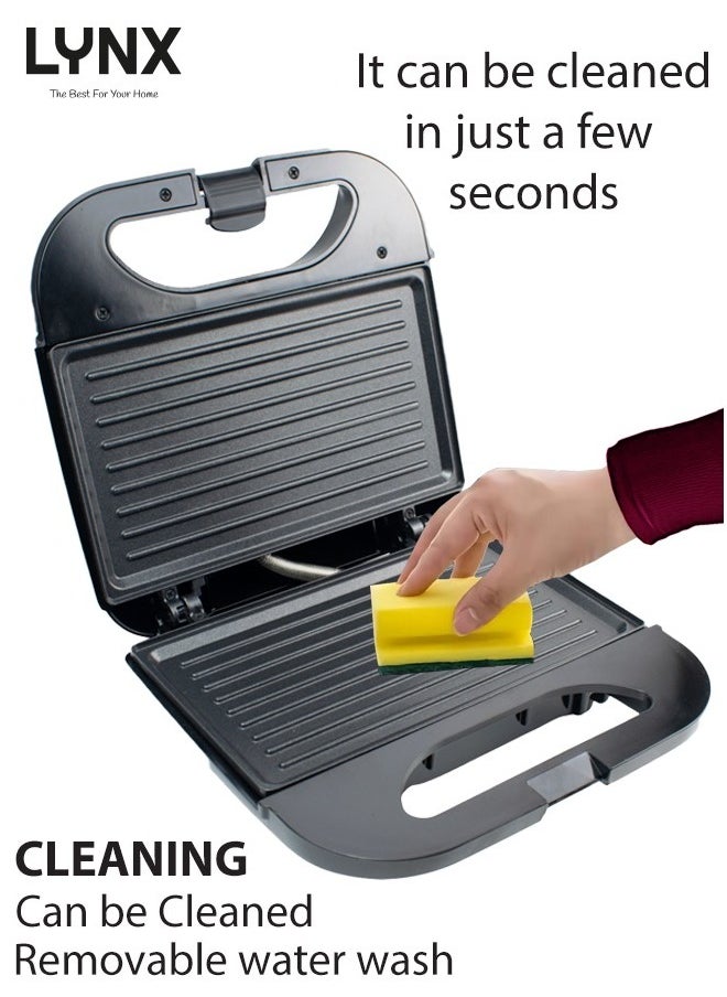 lynx Lynx Sandwich Maker with Non-Stick Surface, 800W, Thermostatic Control, Two Indicator Lights, Compact Design, Ideal for Grilled Sandwiches, Desserts, Easy to Clean, Black/Silver - LY_SM_4020  - Image 3