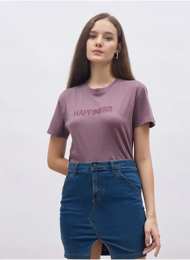 ستايلي Styli Women Purple Slogan Embroidered Short Sleeve Regular Fit T-Shirt