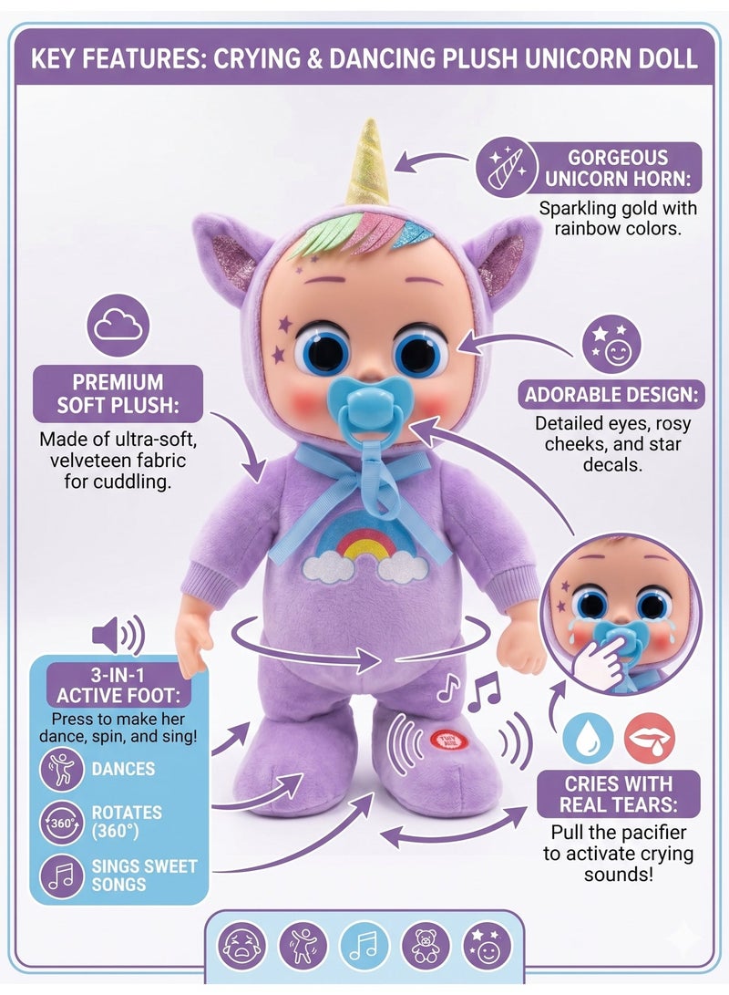 REZZOSS Interactive Plush Unicorn Baby Doll – 35cm Soft Stuffed Toy Cries with Real Tears & Sings Sweet Songs | 360 Degree Rotating & Dancing Purple Unicorn Doll for Toddlers | Perfect Birthday, Christmas & Eid Gift for Girls Ages 18m+ - Image 2