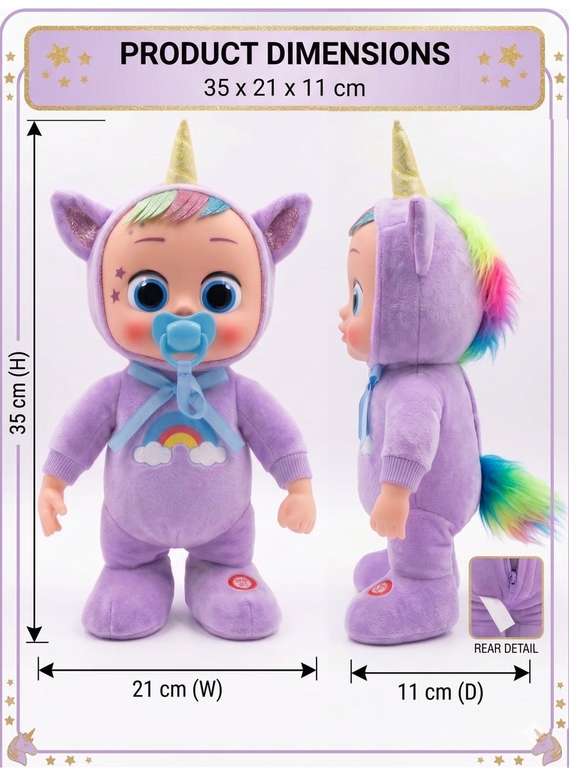 REZZOSS Interactive Plush Unicorn Baby Doll – 35cm Soft Stuffed Toy Cries with Real Tears & Sings Sweet Songs | 360 Degree Rotating & Dancing Purple Unicorn Doll for Toddlers | Perfect Birthday, Christmas & Eid Gift for Girls Ages 18m+ - Image 4
