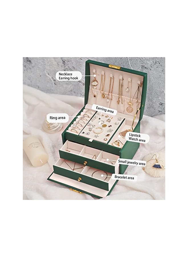 PROMASS Box Organizer for Women Girls,3 Layer Medium Sized PU Leather Jewelry Storage Box with Lock and Removable Tray,for Necklace Earrings Rings Bracelets (Green) - Image 3