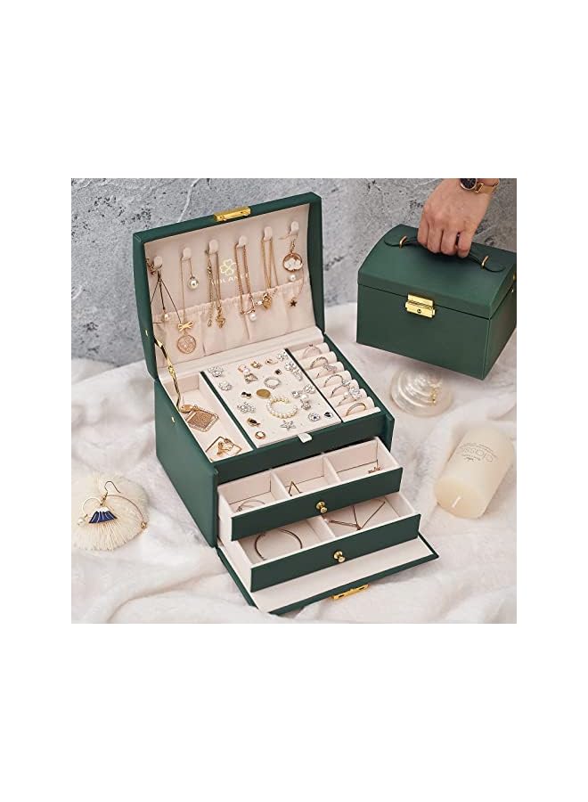 PROMASS Box Organizer for Women Girls,3 Layer Medium Sized PU Leather Jewelry Storage Box with Lock and Removable Tray,for Necklace Earrings Rings Bracelets (Green) - Image 2