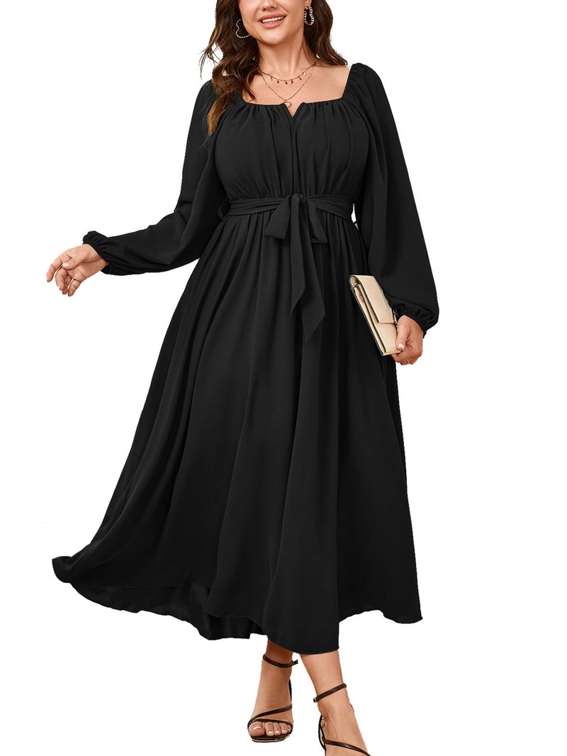 SCOMCHIC Women Plus Size Maxi Dress Long Sleeve Square Neck Wedding Guest Cocktail Belted Elegant Flowy A Line Long Dresses Black - Image 1