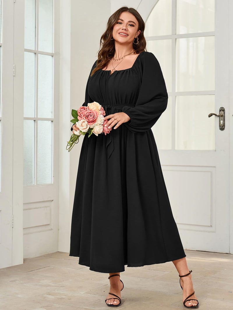 SCOMCHIC Women Plus Size Maxi Dress Long Sleeve Square Neck Wedding Guest Cocktail Belted Elegant Flowy A Line Long Dresses Black - Image 4