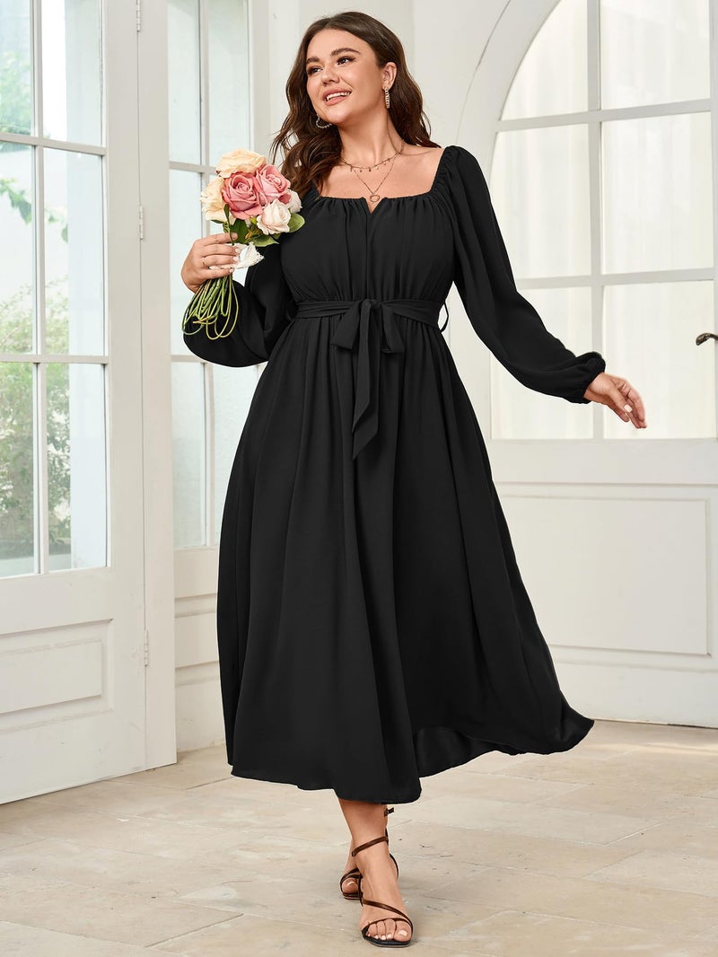 SCOMCHIC Women Plus Size Maxi Dress Long Sleeve Square Neck Wedding Guest Cocktail Belted Elegant Flowy A Line Long Dresses Black - Image 3