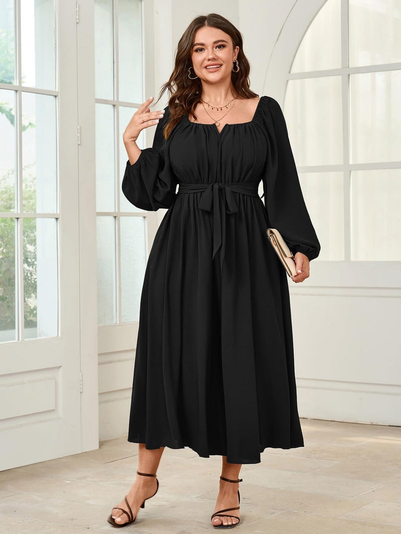 SCOMCHIC Women Plus Size Maxi Dress Long Sleeve Square Neck Wedding Guest Cocktail Belted Elegant Flowy A Line Long Dresses Black - Image 2