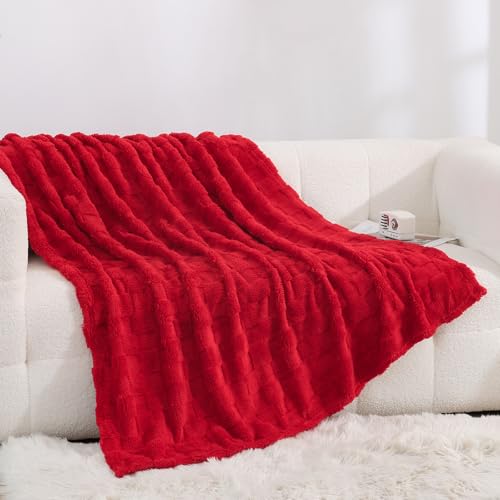 Linecooo Red Fleece Throw Blanket 50”×60” for Couch Sofa Bed,Super Soft Cozy Plush Microfiber Flannel Blanket with 3D Checkered Design Lightweight Decorations for Adults,Woman,Girls - Image 2
