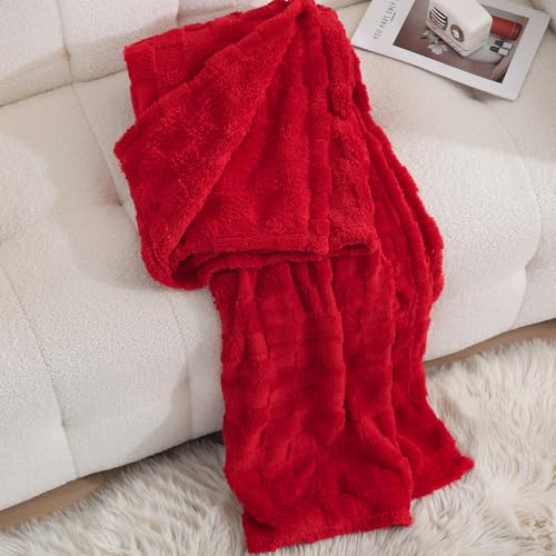 Linecooo Red Fleece Throw Blanket 50”×60” for Couch Sofa Bed,Super Soft Cozy Plush Microfiber Flannel Blanket with 3D Checkered Design Lightweight Decorations for Adults,Woman,Girls - Image 3