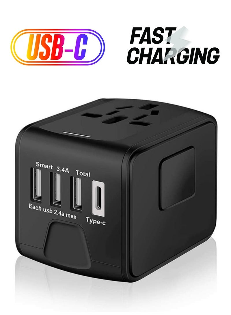 Universal Travel Adapter with Multiple Regional Power Socket Plugs for UK US AU and Plug Adaptor with 3 Ultra-Fast USB Charging Port and 1 Brisk USB Type C Port (Black)