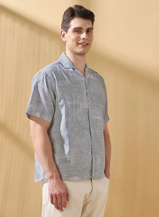 دينيس لينغو قميص رجالي قطن 1% مطبوع بأزرار - رمادي