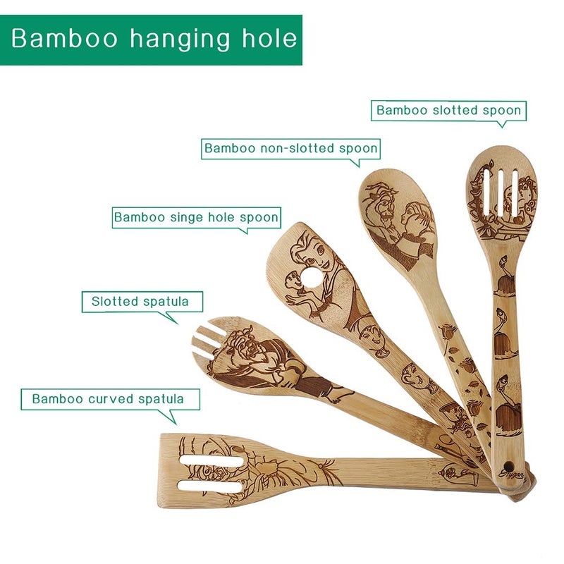 HYGNN Beauty and the Beast Burned Wooden Spoons Cooking &Serving Utensils Set Bamboo Spoon Slotted Kitchen Utensil Fun Gift Idea Warming Present (Set of 5) - Image 4