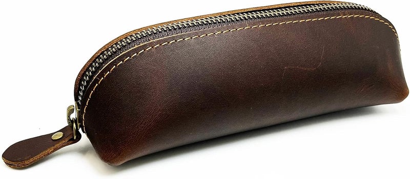 Craoopii Leather Pencil Case Pencil Bag Pouch With Zipper Pen Holders Handmade Genuine Leather For Men Women Students Businessmen And Artists Home Work Office. (Deep coffee) - Image 1