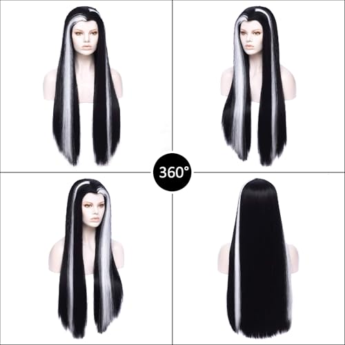 MORTICIA Long Straight Black and White Mixed Widow Peak Design Women Costume Wig - Image 5