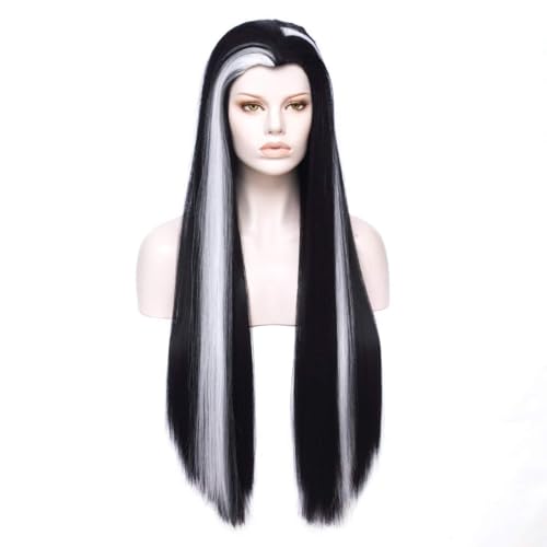 MORTICIA Long Straight Black and White Mixed Widow Peak Design Women Costume Wig - Image 1