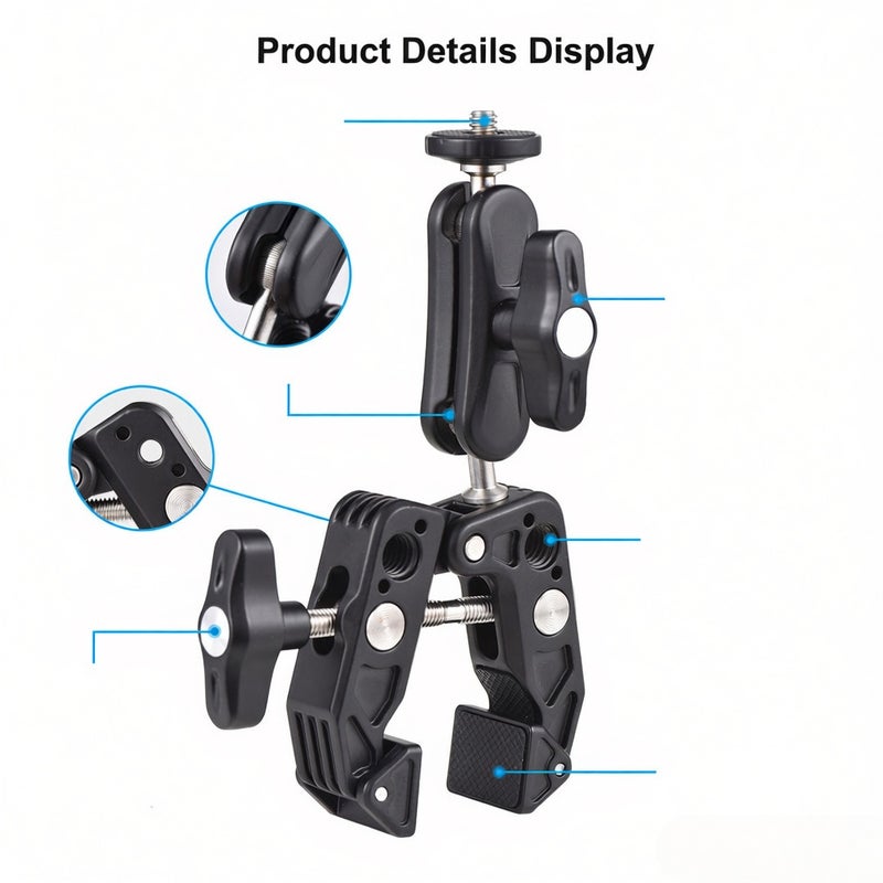 Handlebar Phone Mount Black Aluminum Alloy 360° Double Rotatable Ball Head GoPro Handlebar Mount - 1.5kg Load Adjustable Strong Clamp Phone Mount For Motorcycle & Bike Handlebars, Photography, Live St - Image 3