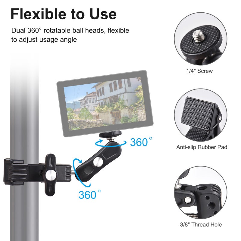 Handlebar Phone Mount Black Aluminum Alloy 360° Double Rotatable Ball Head GoPro Handlebar Mount - 1.5kg Load Adjustable Strong Clamp Phone Mount For Motorcycle & Bike Handlebars, Photography, Live St - Image 5