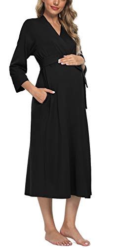 Xpenyo Women's Maternity Sleepwear Robes Long Bathrobe Pregnancy Loungewear Labor/Delivery/Nursing/Hospital Nightgown, Black L - Image 3