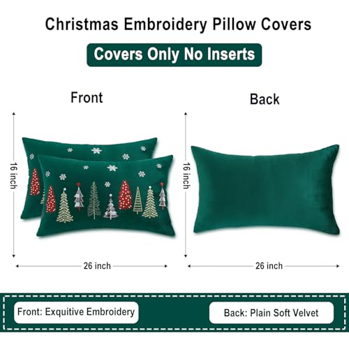 Tosleo Christmas Embroidery Throw Pillow Covers 16 x 26 inch Set of 2 Christmas Dec Velvet Pillowcases Forest Green Xmas Tree Cushion Pillow Cases Soft Lumbar Holiday Pillowcase - Image 3