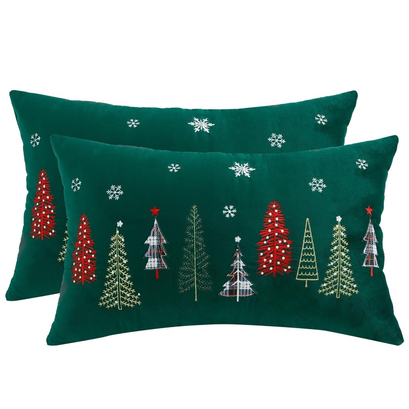 Tosleo Christmas Embroidery Throw Pillow Covers 16 x 26 inch Set of 2 Christmas Dec Velvet Pillowcases Forest Green Xmas Tree Cushion Pillow Cases Soft Lumbar Holiday Pillowcase - Image 2