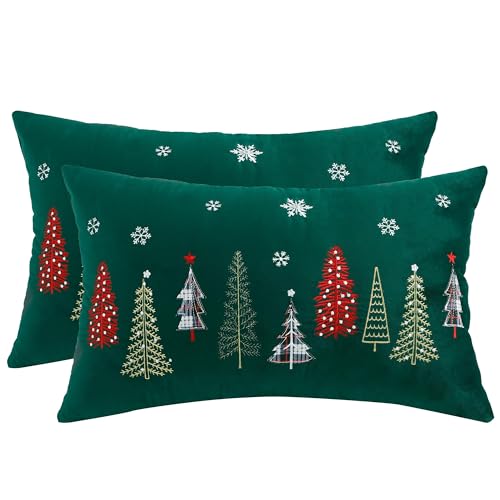 Tosleo Christmas Embroidery Throw Pillow Covers 16 x 26 inch Set of 2 Christmas Dec Velvet Pillowcases Forest Green Xmas Tree Cushion Pillow Cases Soft Lumbar Holiday Pillowcase - Image 1