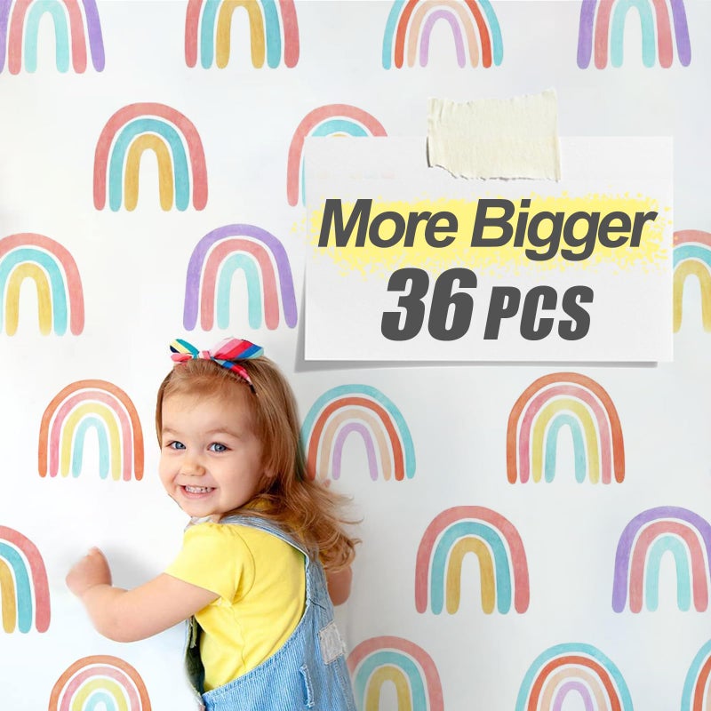 Watercolor Rainbow Wall Decals for Girls Bedroom 36 Pcs Rainbow Stickers Bigger Size for Wall Mural Vinyl Peel and Stick DIY Decorations 6 Sheets