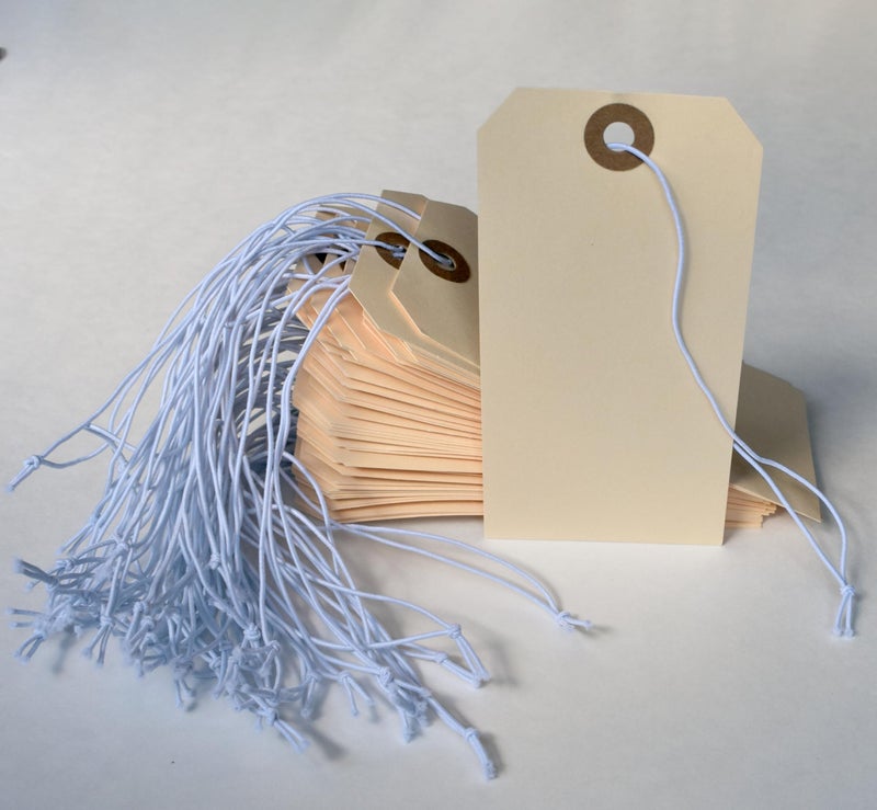 EZDOM Tags with Elastic String Attached - #5, 4 3/4 x 2 3/8 Box of 200 Manila Paper Label Tags with Elastic Loop and Reinforced Hole - Image 5
